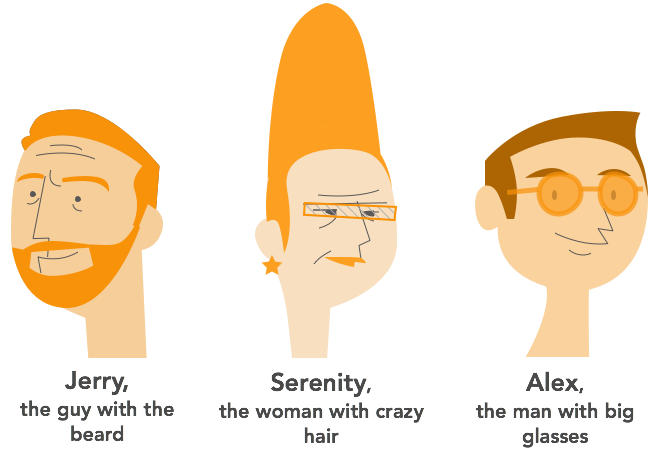 1. Jerry, the guy with the beard 2. Serenity, the woman with crazy hair 3. Alex, the man who wears glasses